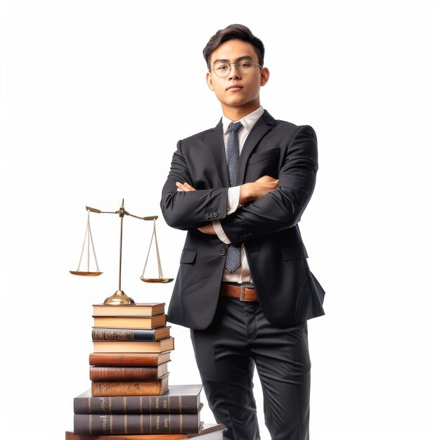 Photo a man in a suit stands in front of a stack of books and a scale
