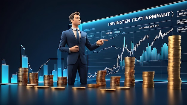 a man in a suit stands in front of stacks of coins with the word financial in the background