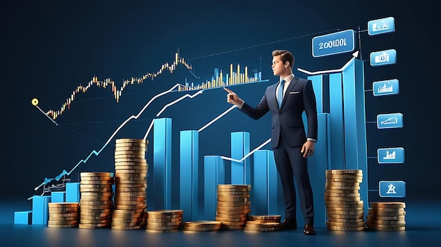 Photo a man in a suit stands in front of stacks of coins with the word financial on the blue background