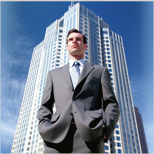 a man in a suit stands in front of a tall building.