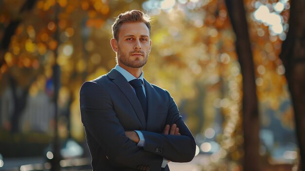 Photo a man in a suit stands in front of a tree with his arms crossed