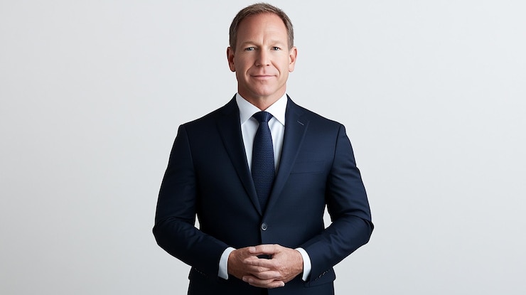 Photo a man in a suit stands in front of a white background