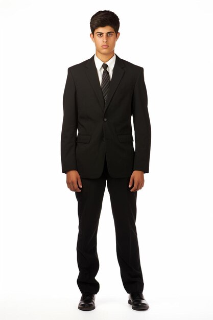 a man in a suit stands in front of a white background