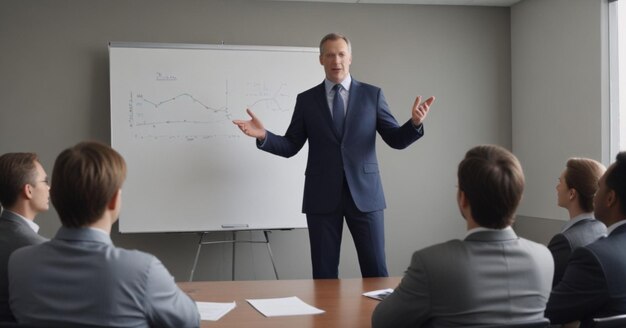 Photo a man in a suit stands in front of a white board with a graph on it