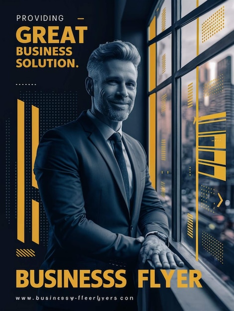 a man in a suit stands in front of a window with a business advertisement for business