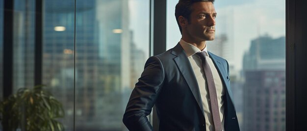 Photo a man in a suit stands in front of a window with his arms crossed