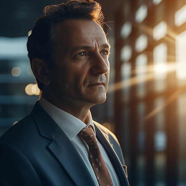 A man in a suit stands in front of a window with the sun shining on it