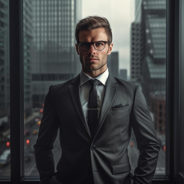 a man in a suit stands in front of a window with a tie on it.