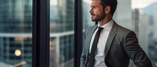 Photo a man in a suit stands in front of a window with a view of a cityscape behind him