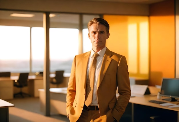 Photo a man in a suit stands in front of a window with the word quot the quot on it quot