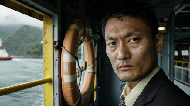 Photo a man in a suit stands in front of a yellow life preserver