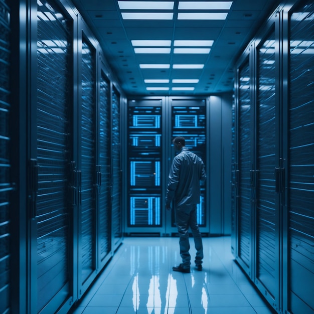 Мужчина в костюме стоит в коридоре со множеством серверов.