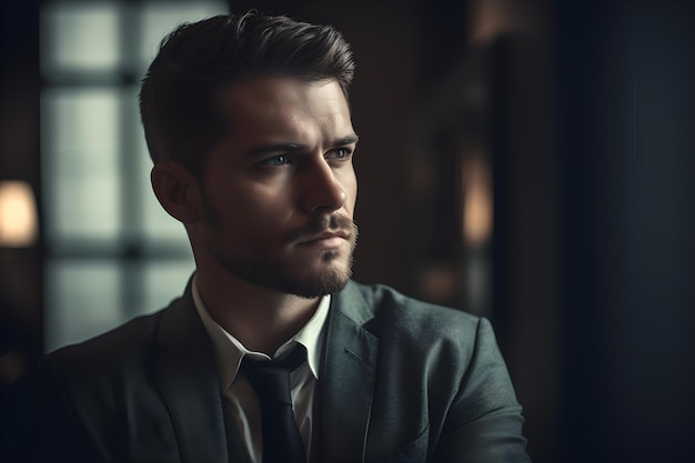 A man in a suit stands in office blurred background