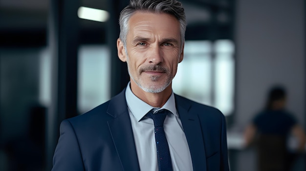 A man in a suit stands in an office building.