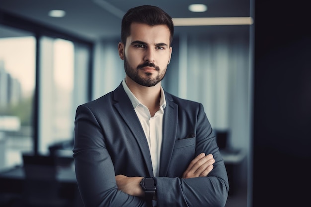 A man in a suit stands in an office with his arms crossed.