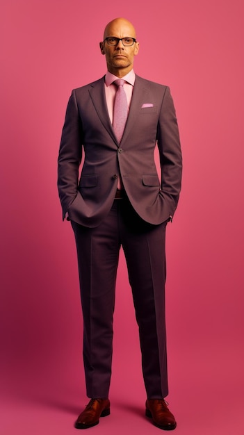 A man in a suit stands on a pink background with the word love on it.