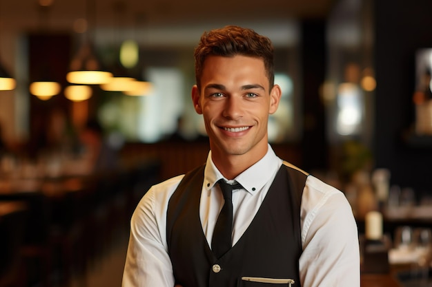 A man in a suit stands in a restaurant with his arms crossed.