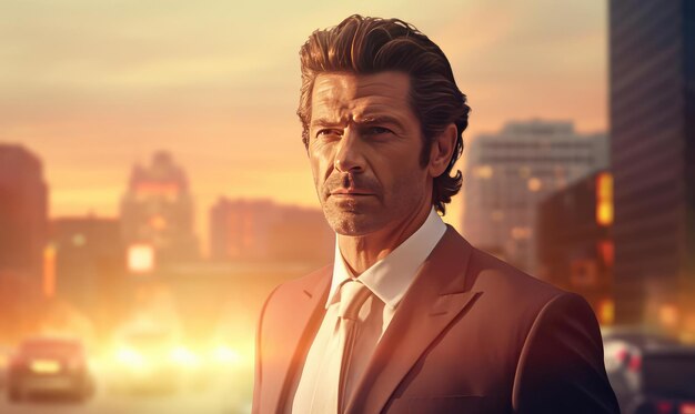 Photo a man in a suit stands on the roof of a tall building and looks into the distance