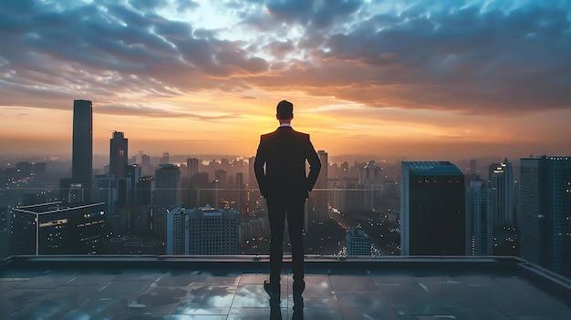 Мужчина в костюме стоит на крыше с видом на город, он смотрит на пейзаж с руками, сжатыми перед ним.