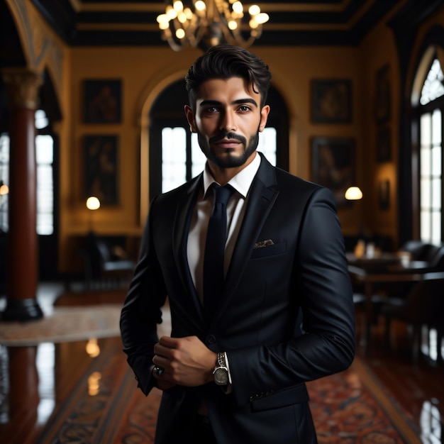 A man in a suit stands in a room with a chandelier and a chandelier.