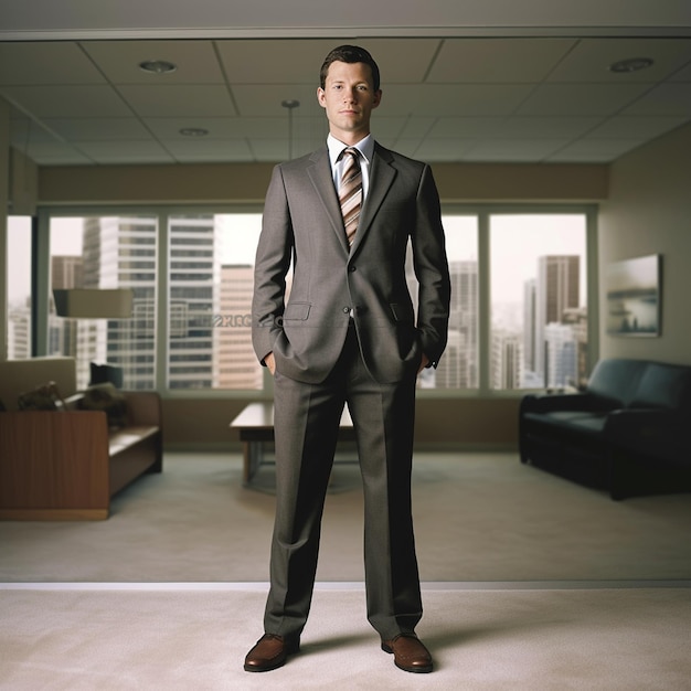 a man in a suit stands in a room with a couch and a window.