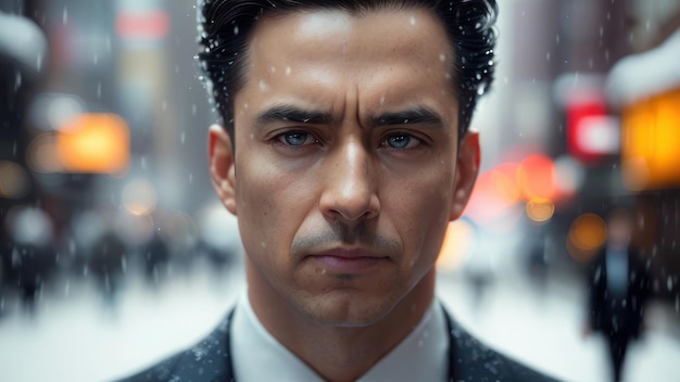 A man in a suit stands in the snow in front of a snowy street.