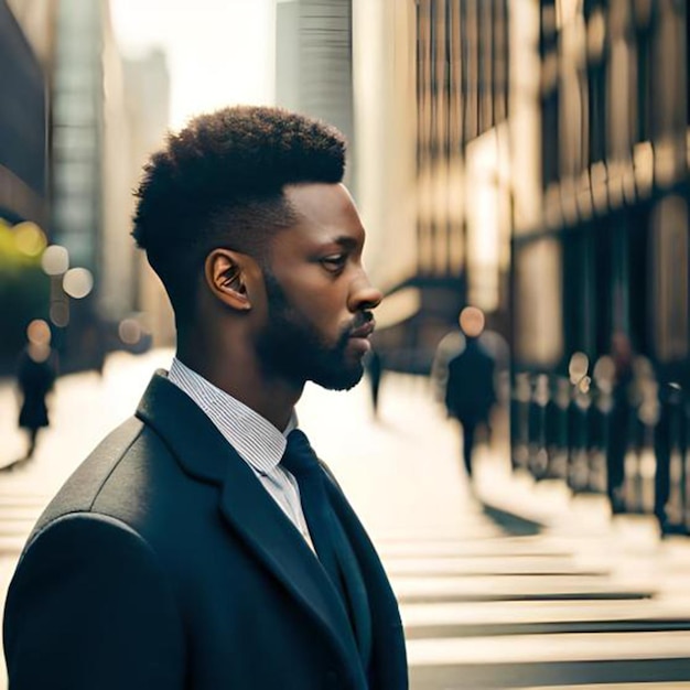 A man in a suit stands in the street in front of a building.