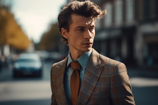 A man in a suit stands on a street in front of a car.