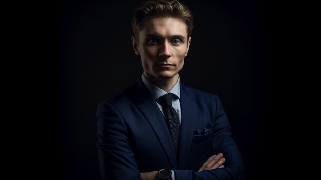 A man in a suit stands with his arms crossed in front of a black background