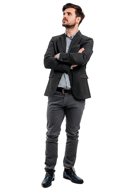 a man in a suit stands with his arms crossed