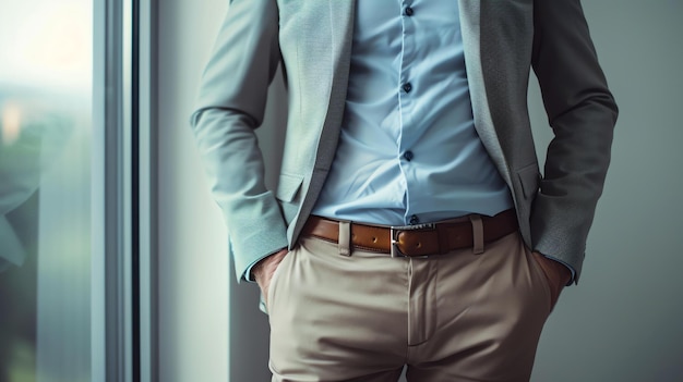 Мужчина в костюме стоит с руками в карманах Он носит светло-синюю рубашку коричневые брюки и серый пиджак