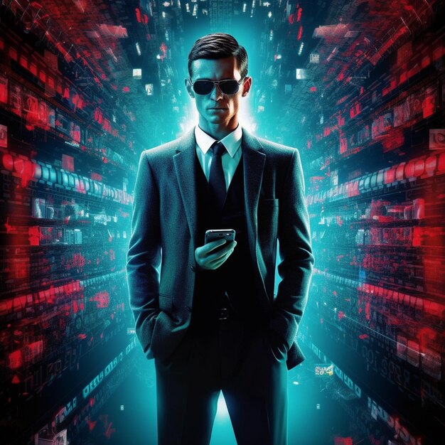 a man in a suit and sunglasses is standing in a dark room with a red and blue background.