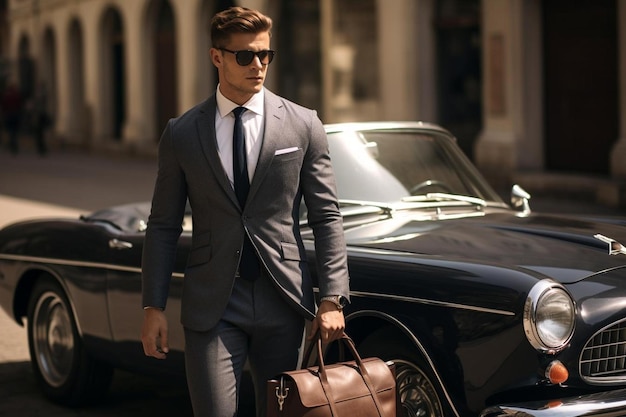 Photo a man in a suit and sunglasses is walking in front of a classic car