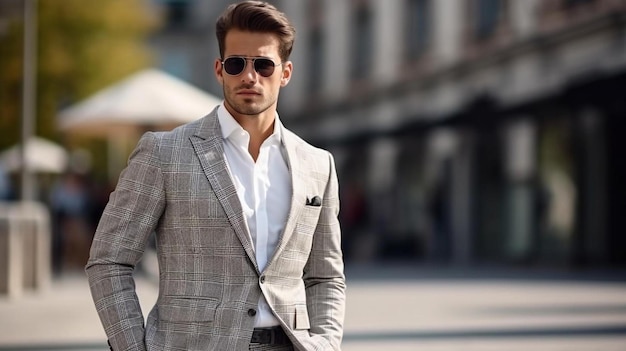 a man in a suit and sunglasses is walking in the street