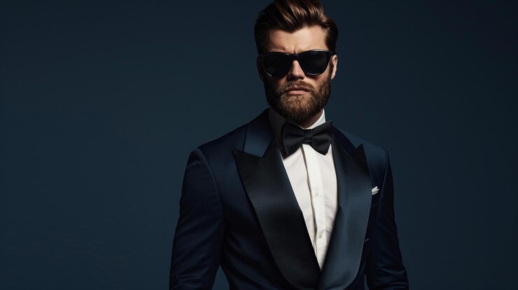 Photo a man in a suit and sunglasses is wearing a bow tie