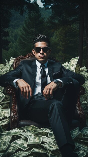 Photo a man in a suit and sunglasses sits in a chair with money in the background