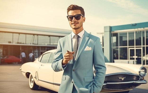 Photo man in a suit and sunglasses standing in front of a car