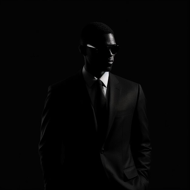 a man in a suit and sunglasses stands in front of a black background.