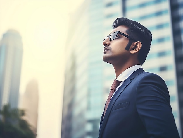 A man in a suit and sunglasses stands in front of a cityscape.