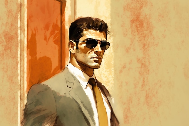 A man in a suit and sunglasses stands in front of a door.