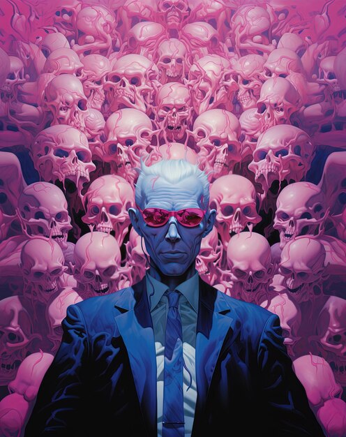 Photo a man in a suit and sunglasses stands in front of a large group of skulls