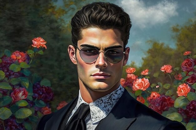 A man in a suit and sunglasses stands in front of a red roses.