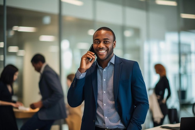 Photo a man in a suit talking on a cell phone