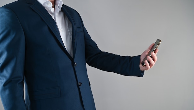 Photo man in suit talking on the phone, meeting concept at work