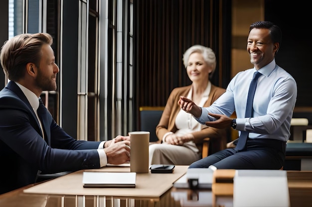 Photo a man in a suit talks to a man in a meeting room.