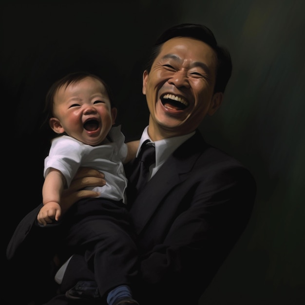 Photo a man in a suit and tie holds a baby in his arms.