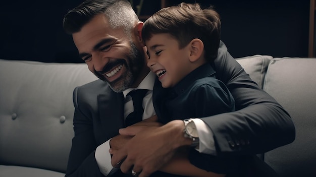 A man in a suit and tie hugging a his son