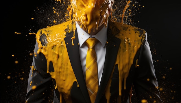 A man in a suit and tie is covered in yellow paint ai