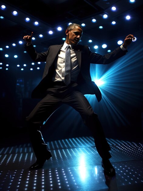 Photo a man in a suit and tie is dancing on a stage