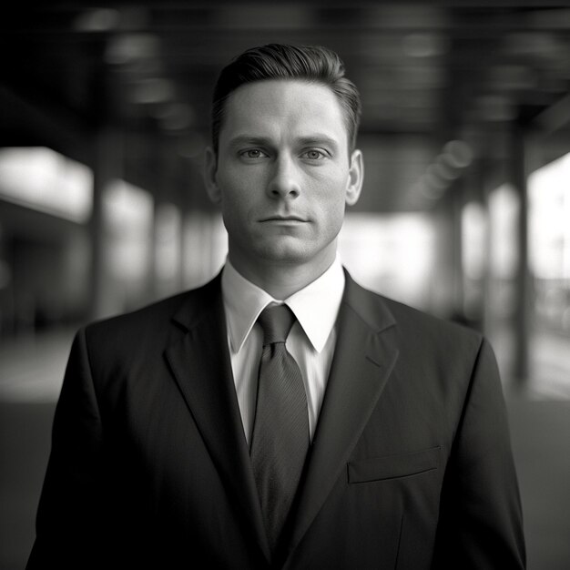 a man in a suit and tie is standing in a building.